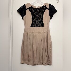 Paper Tee Taupe & Black Lace Fit-and-Flare Dress Size